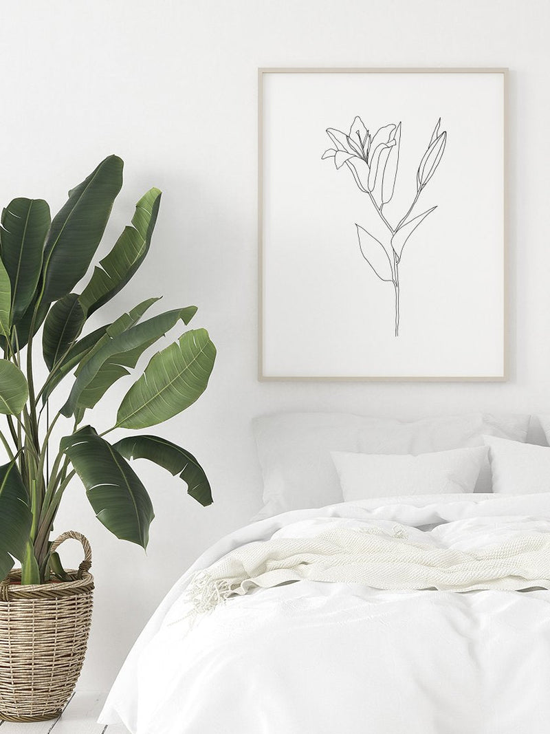 lily-line-art-flower-poster-in-interior-bedroom